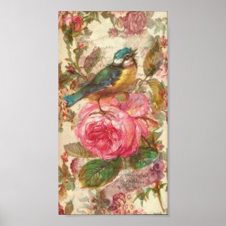 Vintage Bird and Pink Roses Print