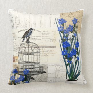 Vintage Bird Birdcage Blue Flowers French Pillow mojo_throwpillow