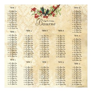 Vintage Bird Burgundy Teal Seating Chart 12 Tables print