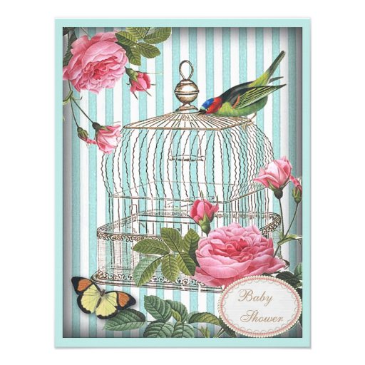 Vintage Bird, Cage, Butterfly & Roses Baby Shower Invites