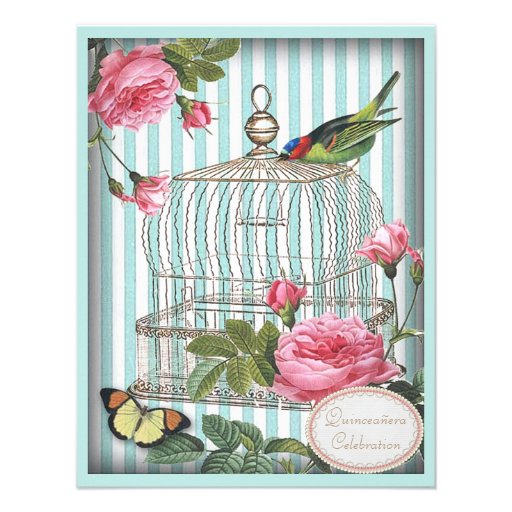 Vintage Bird, Cage, Butterfly & Roses Quinceanera Personalized Invites