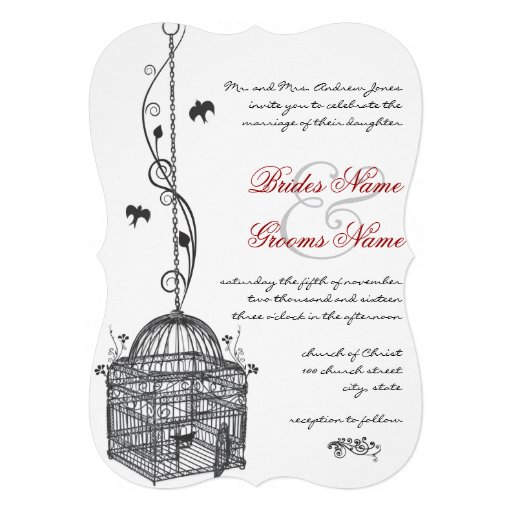 Vintage Bird Cage Red Accents Wedding Invitations