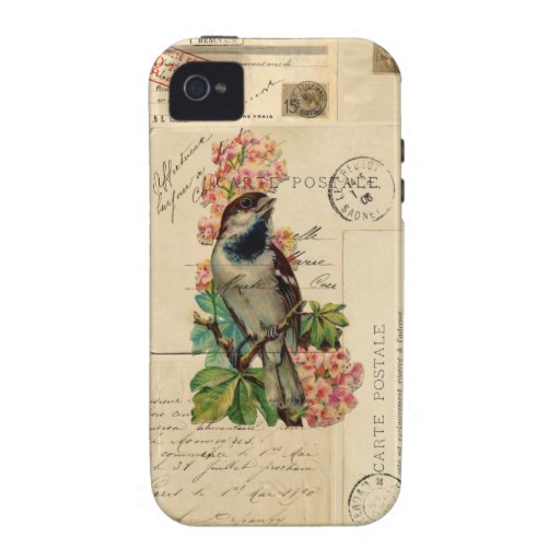 Vintage Bird Flowers French Postcards Case Case-Mate iPhone 4 Cases