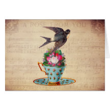 Vintage Bird, Roses, and Teacup Card