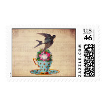 Vintage Bird, Roses, and Teacup Stamps
