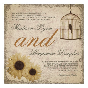 Vintage Birdcage Sunflowers Rustic Wedding Invite 5.25