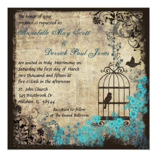 Vintage Birdcage Wedding Invitation Blue