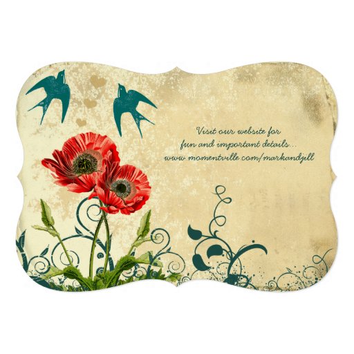 Vintage Birds Damask Poppy Wedding Invitation