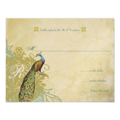 Vintage Birds Lagoon Endive Aged Damask RSVP Invitations