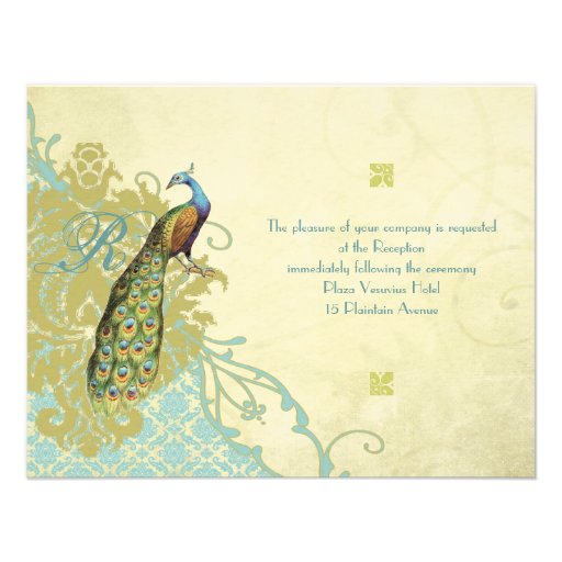 Vintage Birds Lagoon Endive Damask Reception Card Custom Invite