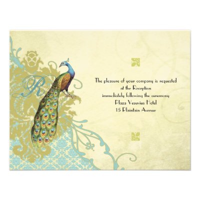 Vintage Birds Lagoon Endive Damask Reception Card Personalized Invites