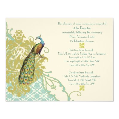 Vintage Birds Lagoon Endive Damask Reception Card Invite