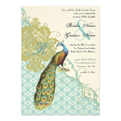 Vintage Birds Lagoon Endive Damask Wedding Invitation