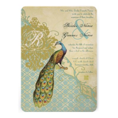 Vintage Birds Lagoon Endive Damask Wedding Custom Invitation