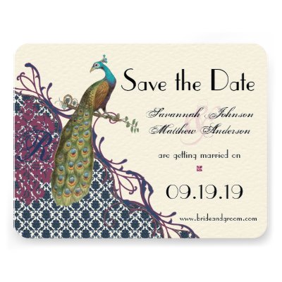 Vintage Birds Navy Deep Raspberry Damask Wedding Custom Announcements