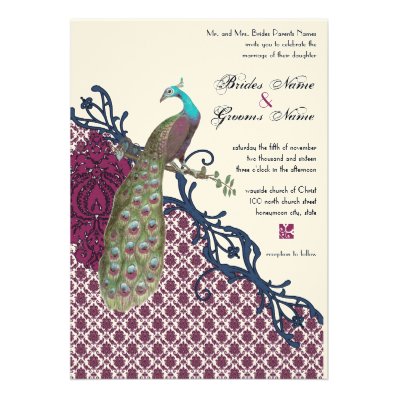Vintage Birds Navy Deep Raspberry Damask Wedding Custom Invitation