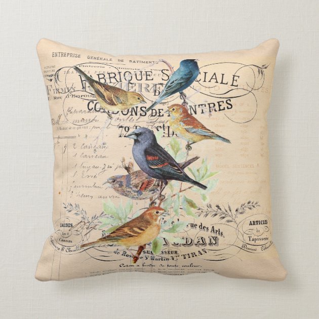 Vintage Birds on Antique Typography Pillow