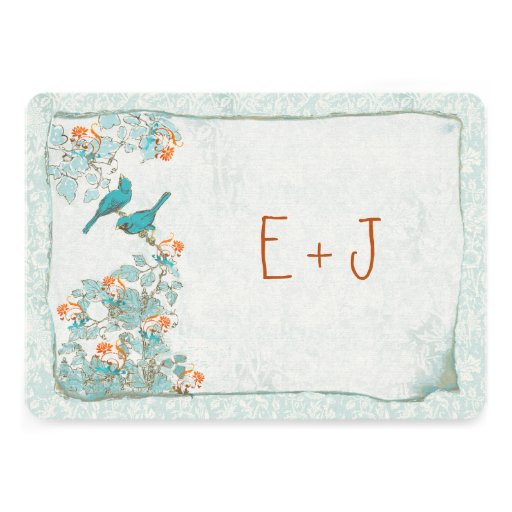 Vintage Birds Turquoise and Orange Damask Wedding Personalized Invites