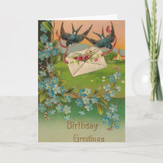 Vintage Birthday Postcard Birds and Flowers card