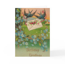 Vintage Birthday Postcard Birds and Flowers