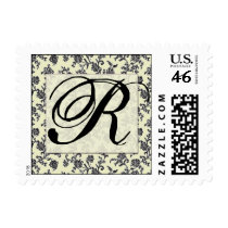 Vintage black and white damask monogram postage by aslentz Vintage black and white damask monogram postage
