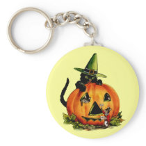 Vintage Black Cat and Pumpkin Keychain