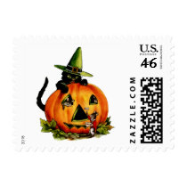 Vintage Black Cat and Pumpkin Small Postage