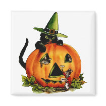 Vintage Black Cat and Pumpkin Square Magnet