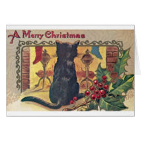 Vintage Black Cat at Fireplace Christmas Card