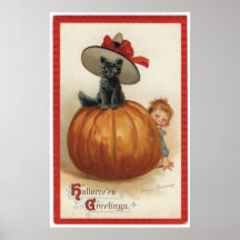 Vintage Black cat with a Witch Hat Print