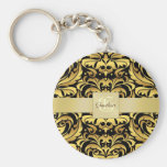 Vintage Black Damask Gold Monogram Keychain