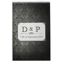 Vintage Black Damask Monogram Wedding Guestbook Wall Calendars