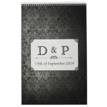 Vintage Black Damask Monogram Wedding Guestbook Wall Calendar