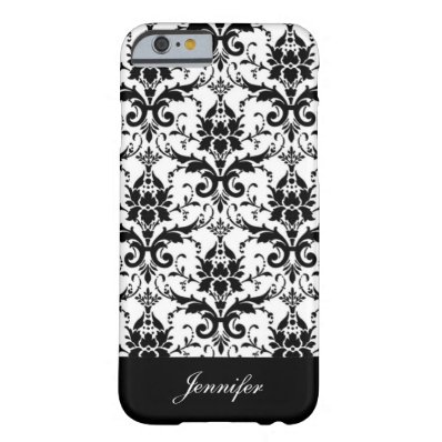 Vintage Black Damask Pattern with Monogram Border Barely There iPhone 6 Case