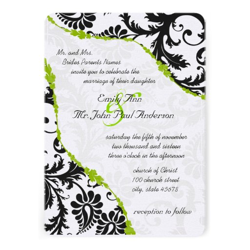 Vintage Black Damask with Apple Green Vines Personalized Invitations