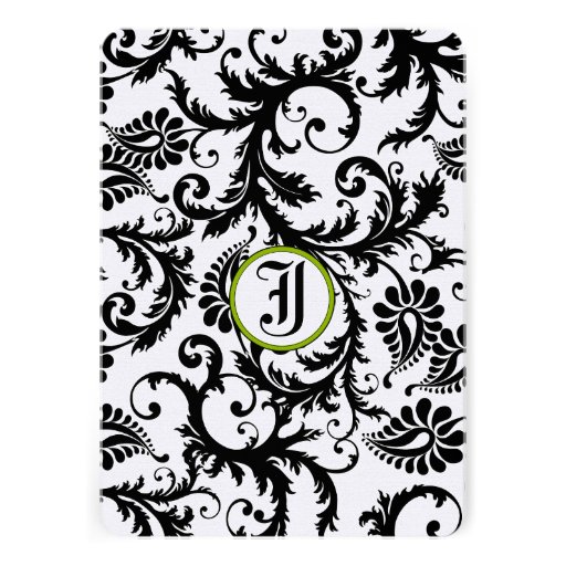 Vintage Black Damask with Apple Green Vines Personalized Invitations