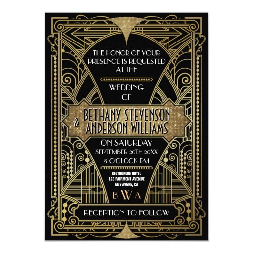 Vintage Black & Gold Art Deco Wedding Invitations 5" X 7" Invitation Ca...