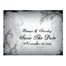 Vintage black grey scroll leaf Save the Date Post Cards