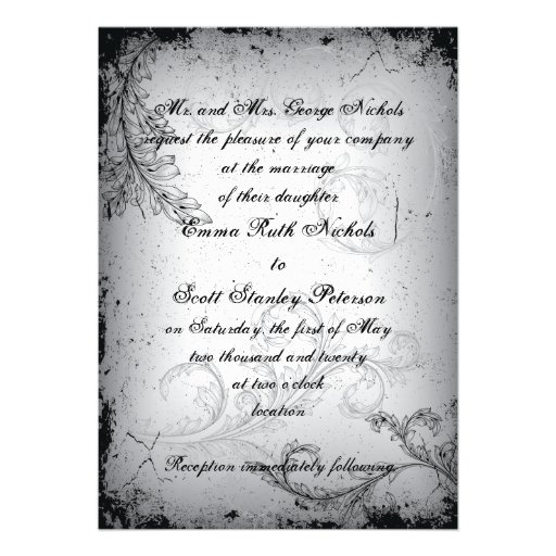 Vintage black grey scroll leaf wedding invitation