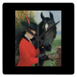 Vintage Black Horse Equestrian Red Riding Jacket Square Wall Clocks