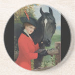 Vintage Black Horse Girl Red Coat Equestrian Drink Coasters