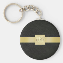 Vintage Black Leather Gold Monogram Keychain