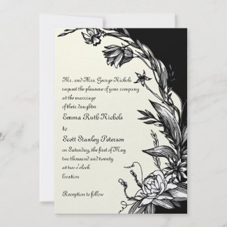 Vintage black white flowers ivory floral wedding invitation