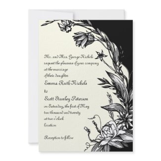 Vintage black white flowers ivory floral wedding invitation