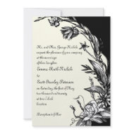 Vintage black white flowers ivory floral wedding invitation