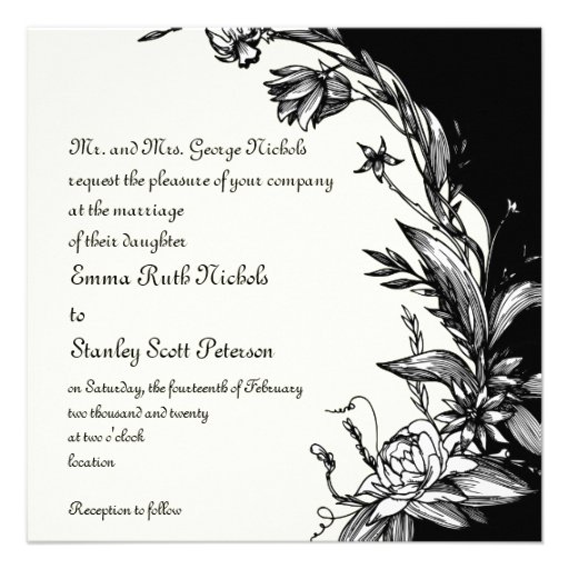 black wedding invitations with white flowers