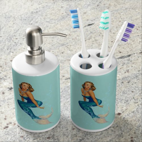 Vintage Blonde Pinup Mermaid in Diamonds Soap Dispenser & Toothbrush Holder