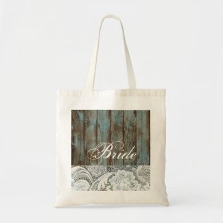 vintage blue barn wood lace country bride tote bag