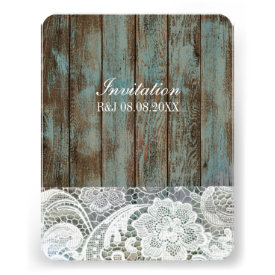 vintage blue barn wood lace country wedding invite