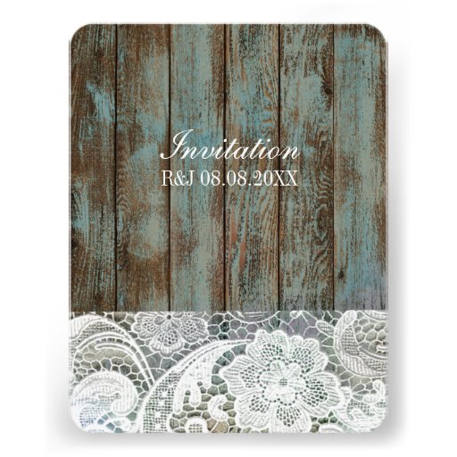 vintage blue barn wood lace country wedding invite